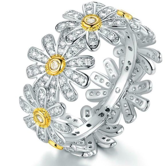 Barzel 18K White Gold Plated Floral Sunflower Ring - Picture 1 of 3